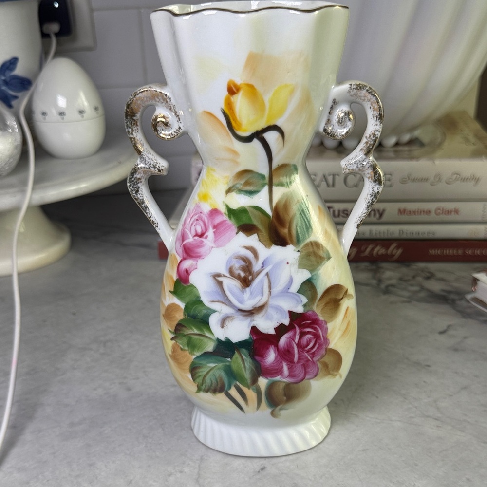 Vintage Ucagco Porcelain Double Handle Floral Vase with Gold Trim
